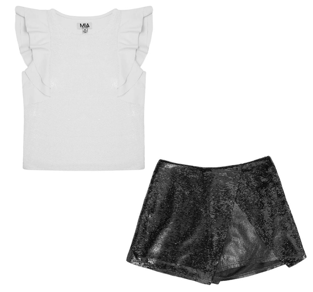 Blusa Blanca Con Skort Negro Lentejuelas