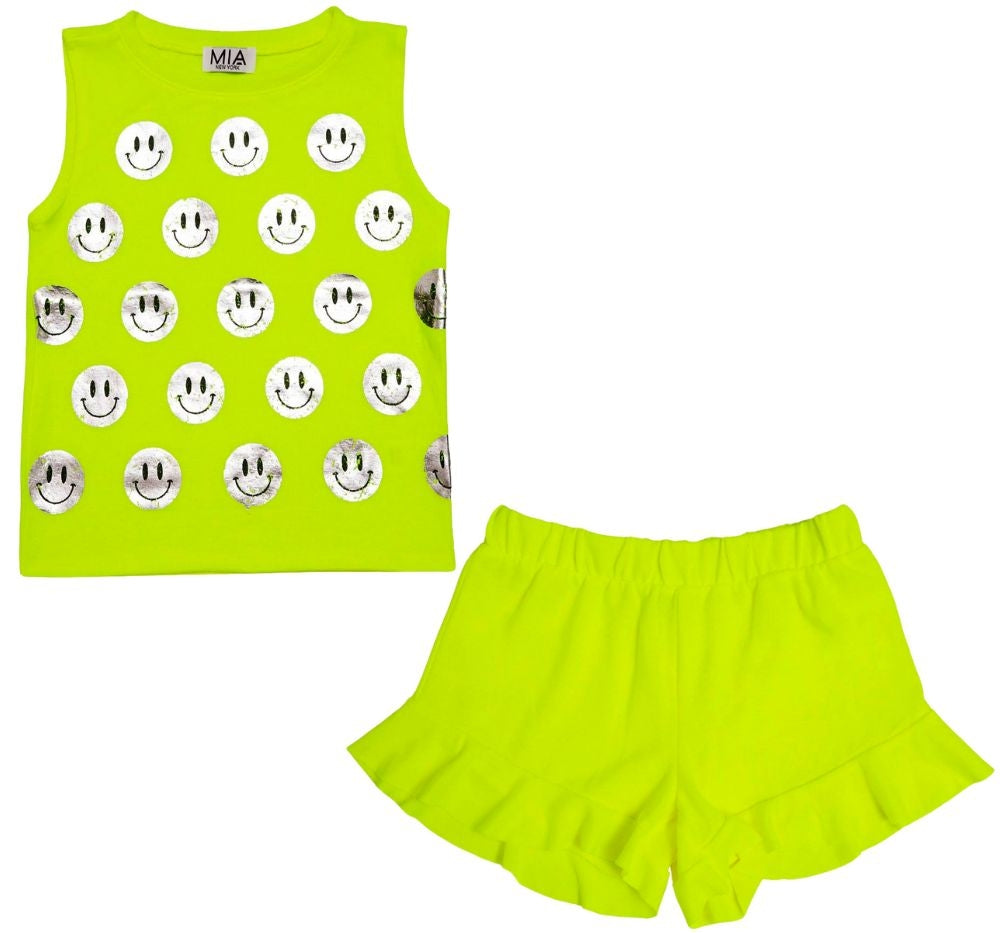 Blusa Estampada Smile Y Shorts Ruffle Amarillo Neon