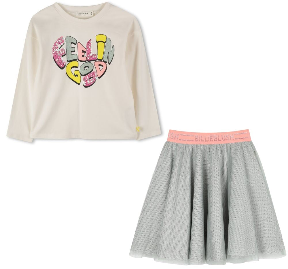Girls Feelin Good Ls T-shirt & Girls Sequin Mesh Skirt Pale Dove