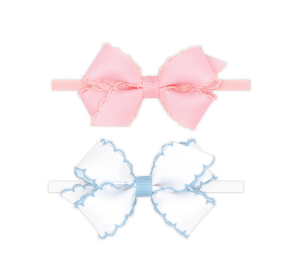2Pk Moonstitch Bows W/Nyl Band White Millennium Blue/ Light Pink