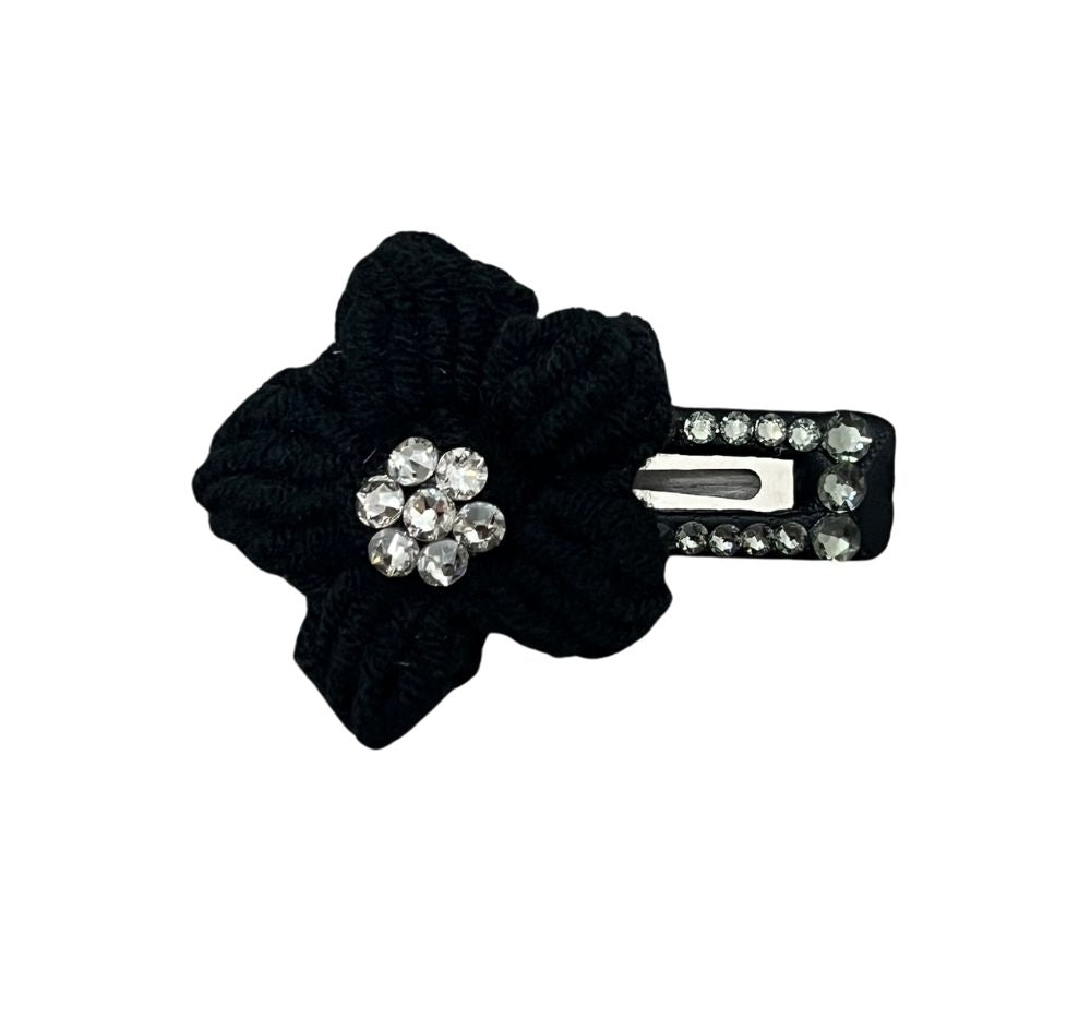 Crochet Flower On Rectangle Clip Black