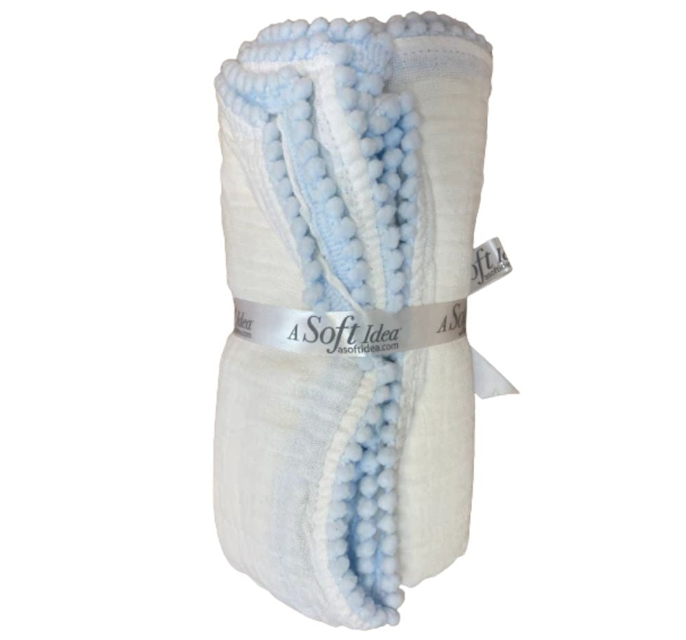 Swaddle Baby Blanket With Pompom Edge White/Blue