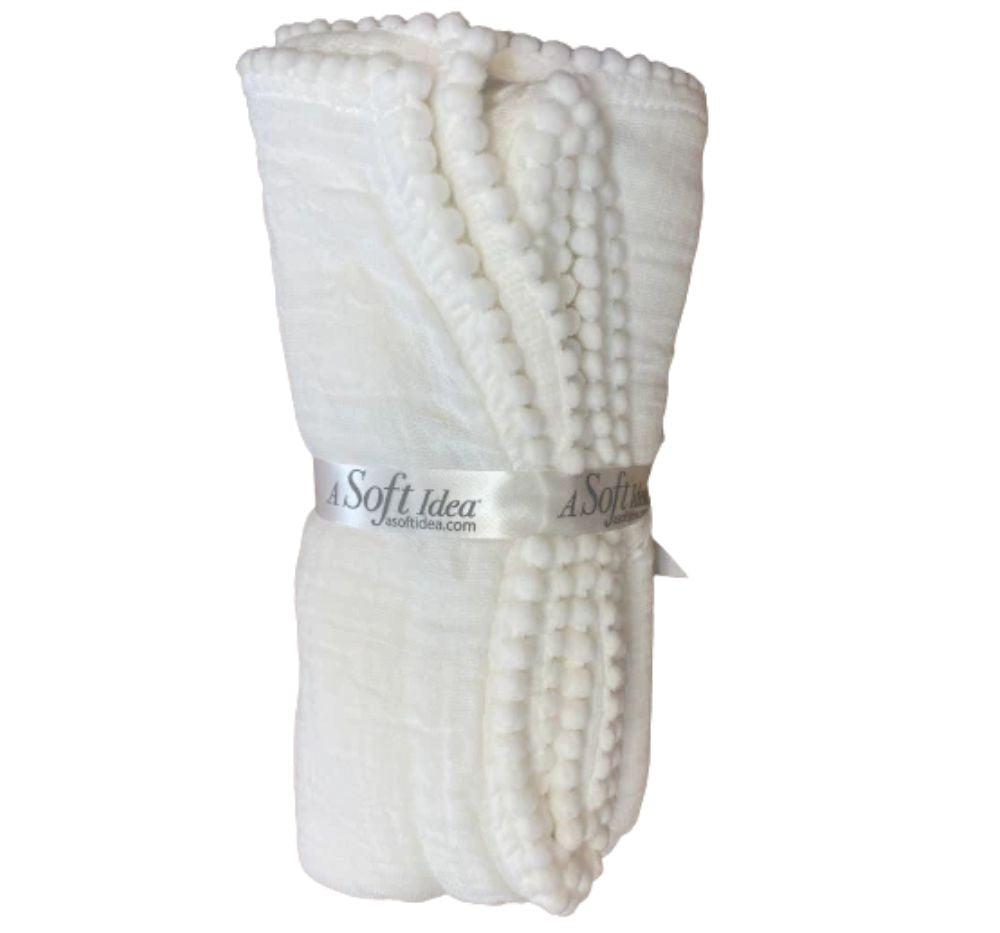 Swaddle Baby Blanket With Pompom Edge White/White