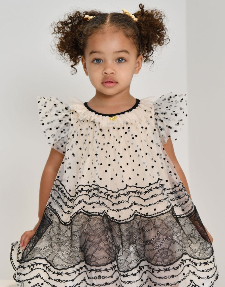 Ivy Spot And Lace Baby Dress Biscuit/Black