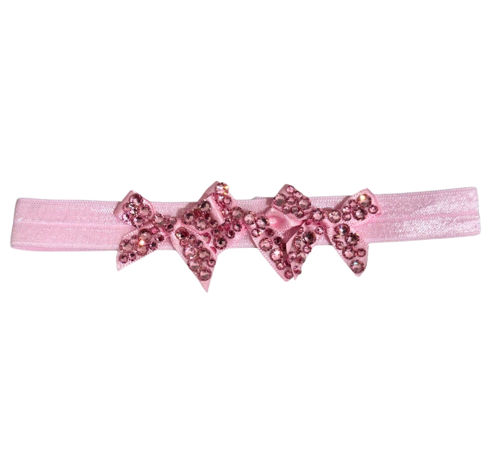 3 Fully Crystallized Small Satin Bow On Baby Elastic Ligh Pink