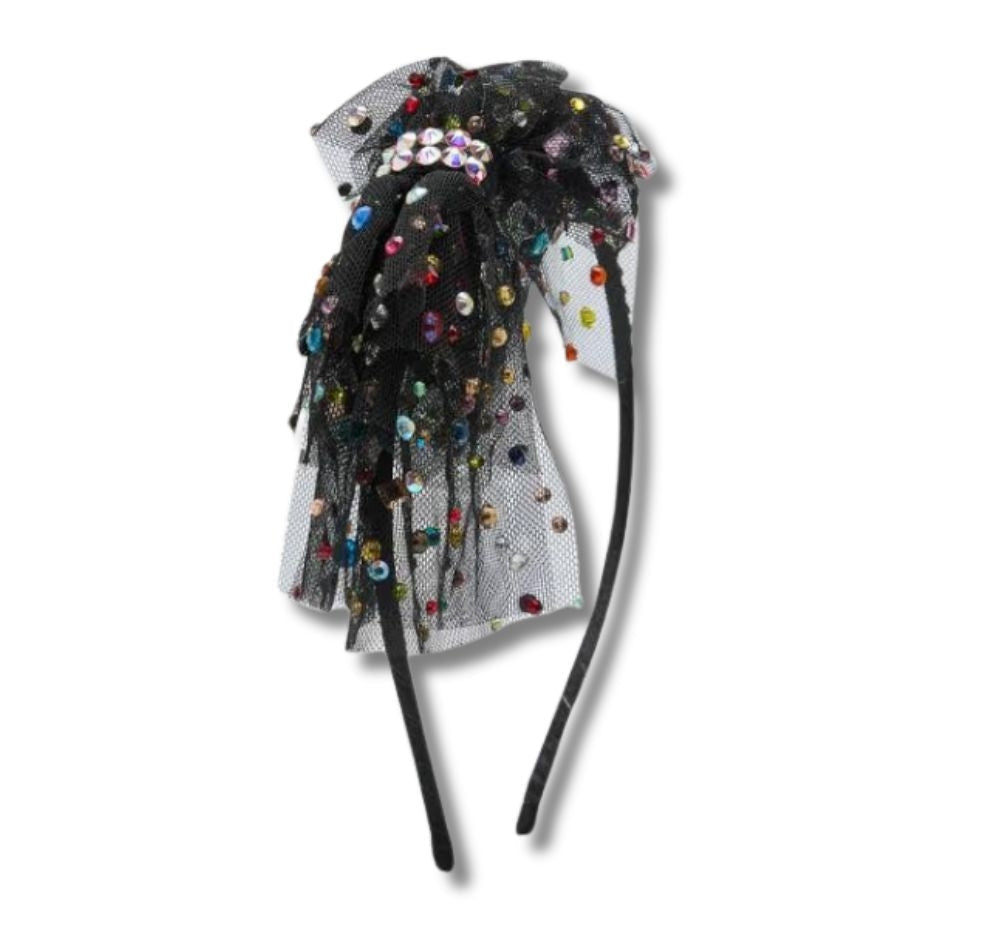Jeweled Crystal Bow On Thin Headband Black-Multi Neon