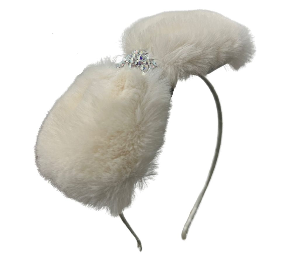 Crystallized Faux Fur Bow Headband Ivory