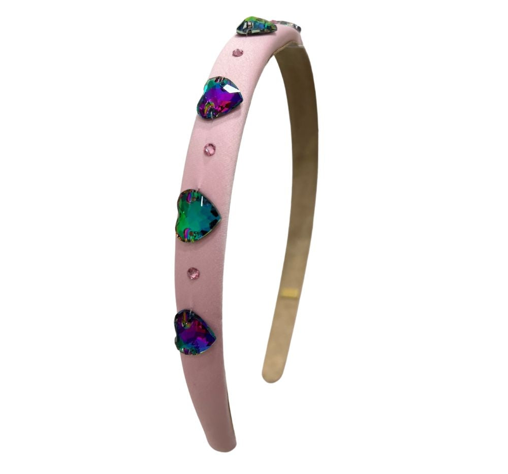 Thin Satin Heart Jeweled Headband Lt. Pink