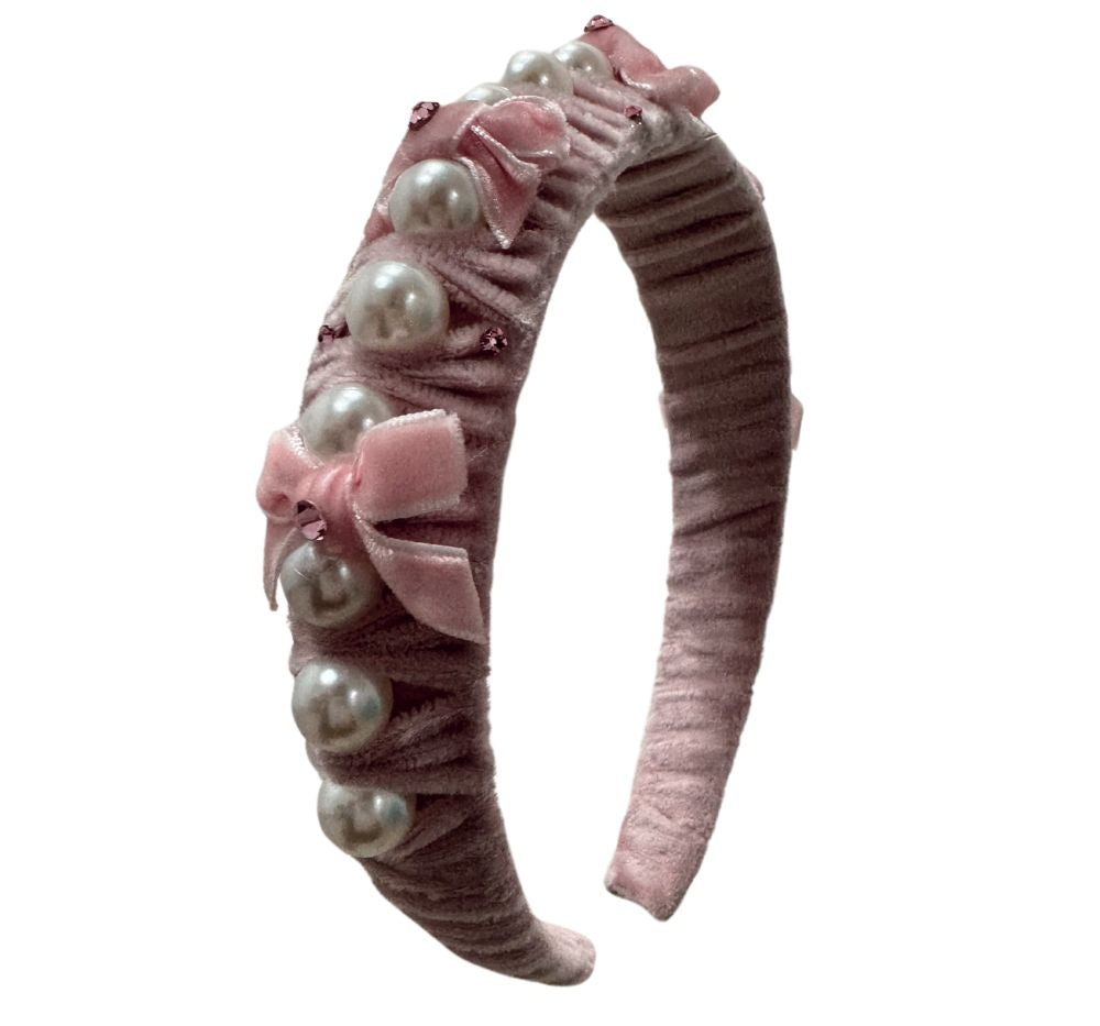 Crystallized Pearl Velvet Bow Headband Pink