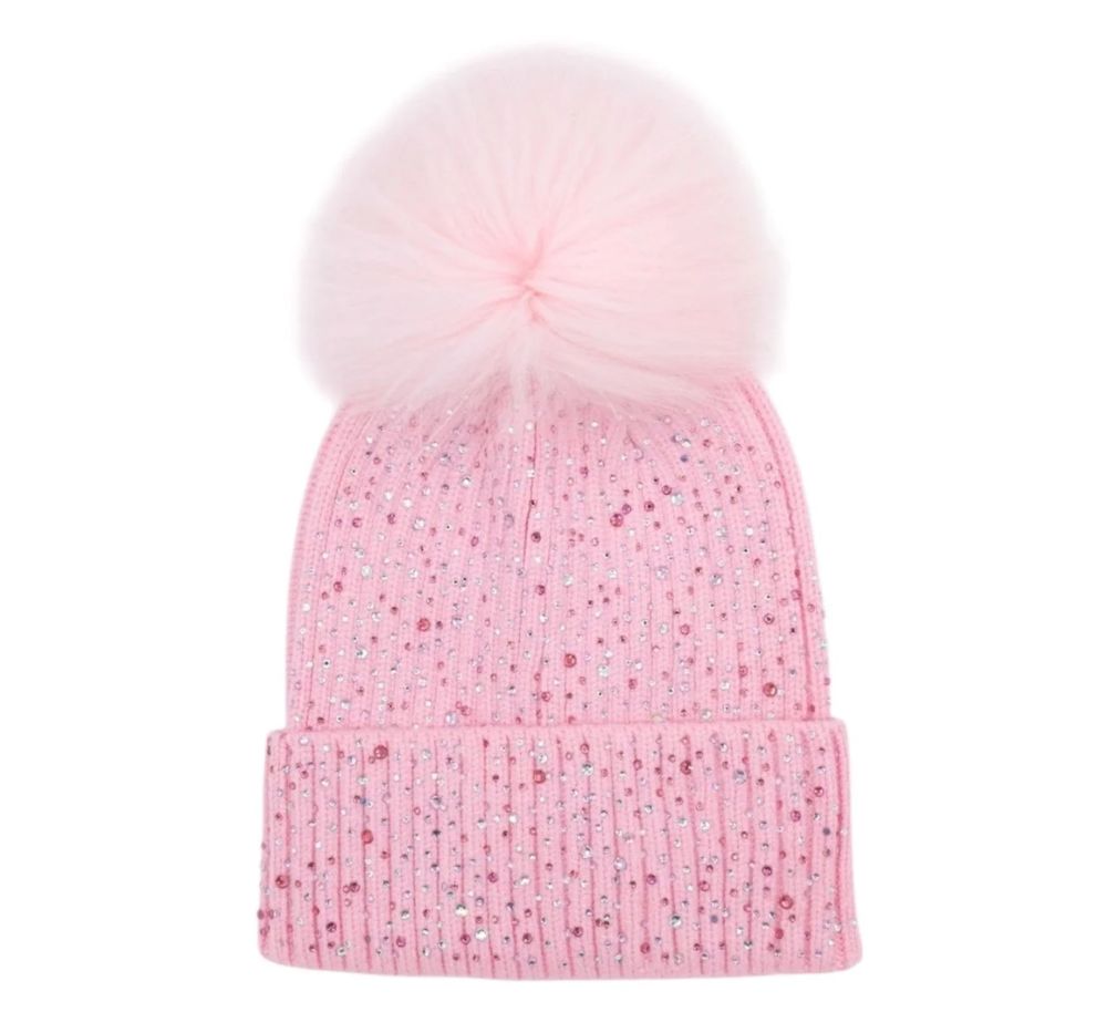 Fully Crystallized Hat With Fur Pom Pink