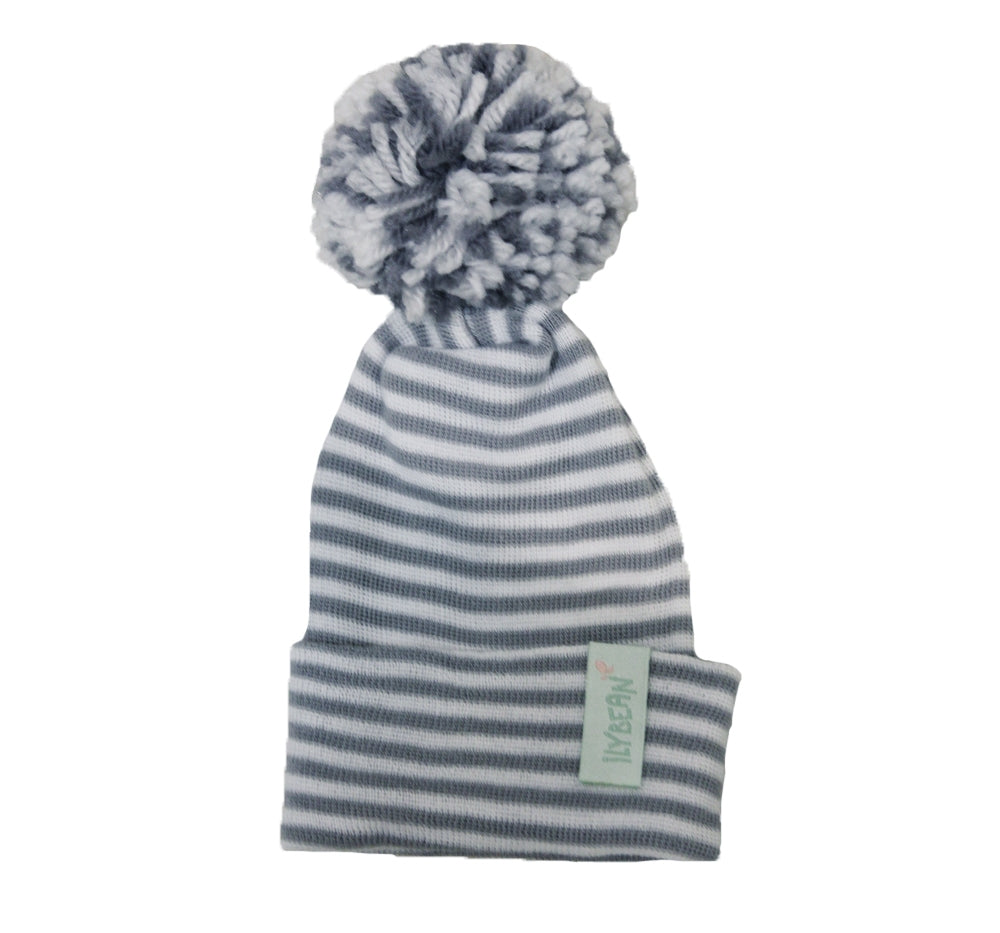 Gorro gris con rayas blancas y pompón gris -ILYBEAN