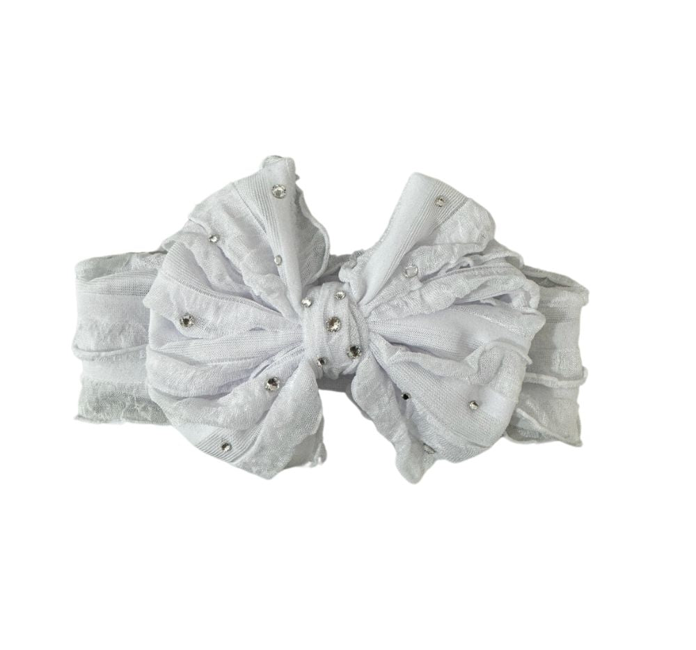 Crystallized Ruffle Bow Baby Headbands White