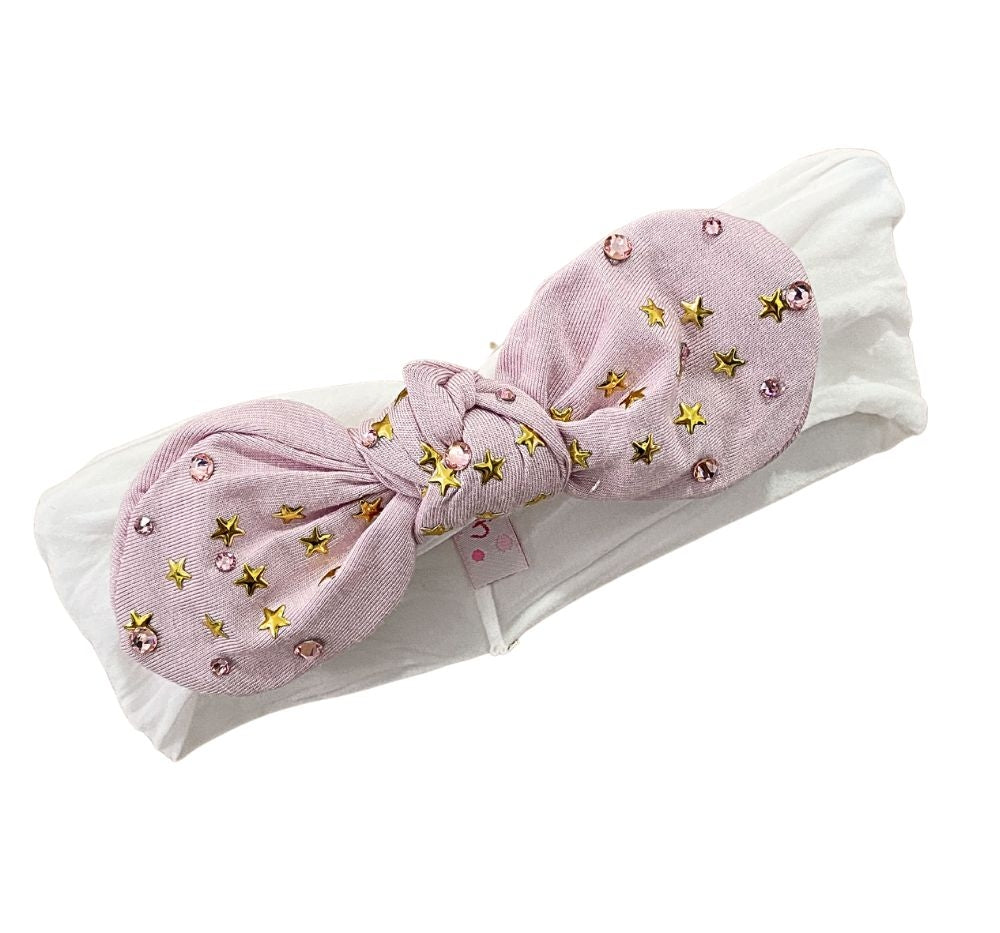 Crystallized Cotton Star Bow Elastic Headband LT. Pink