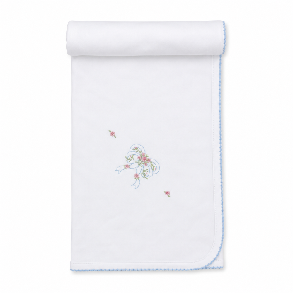 Blanket W/Hand Emb Premier Rose Bow Wh/Lt Blue