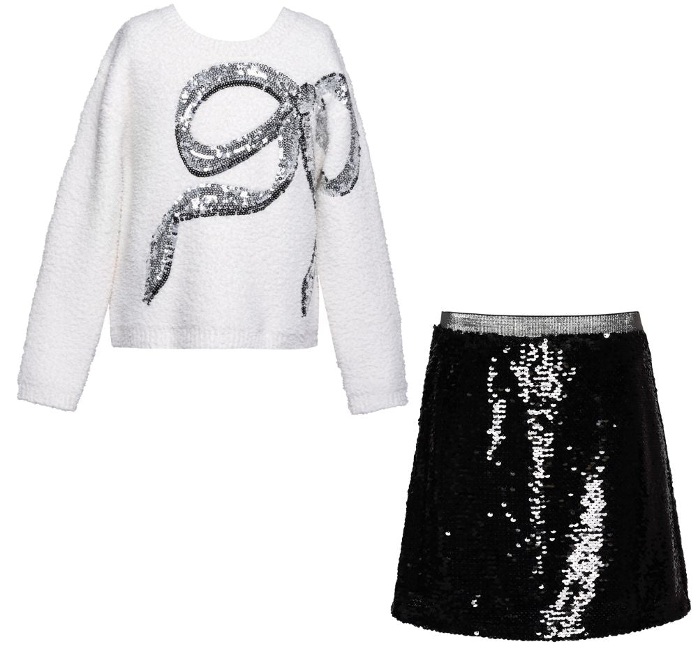 Sweater W/Emb Bow Ivory & Sqnd Mini Skirt Black
