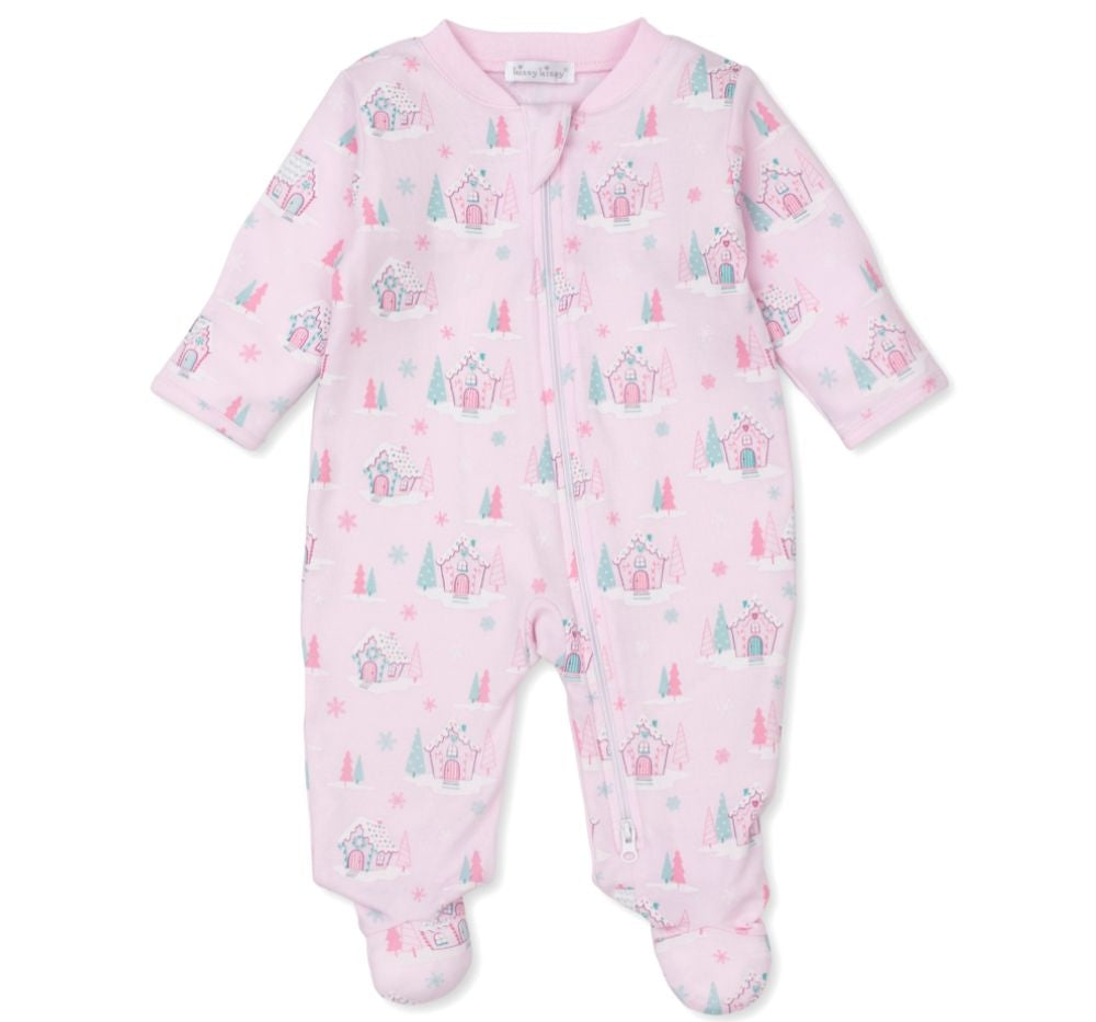 Footie W/ Zip Prt Pink Gingerbread Cottages