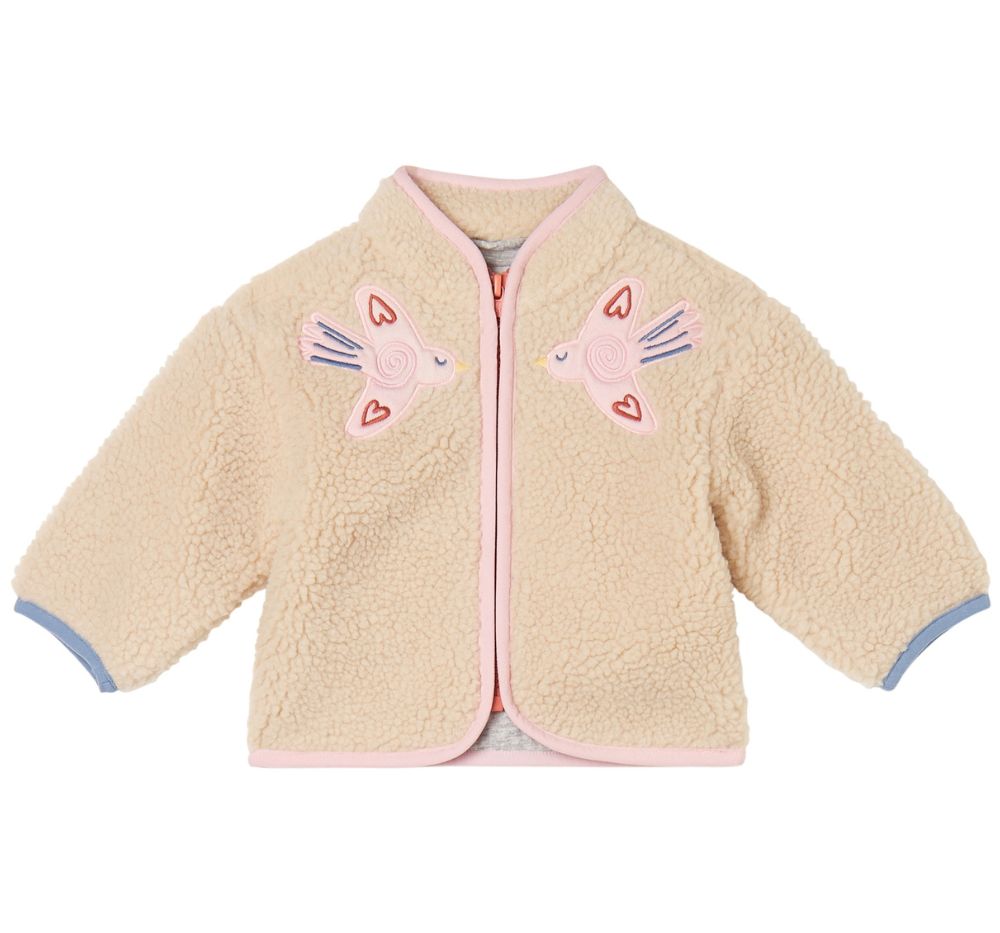 Baby Girl Teddy Jacket With Birds Patch Cream