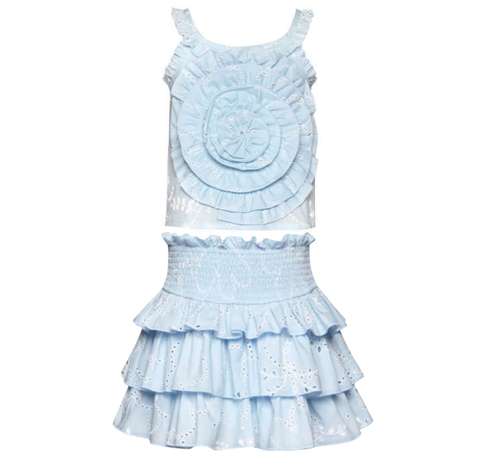 Eyelet Ruffle Top W/Ruffle Rose Detail & 3 Tier Smocked Waist Skirt