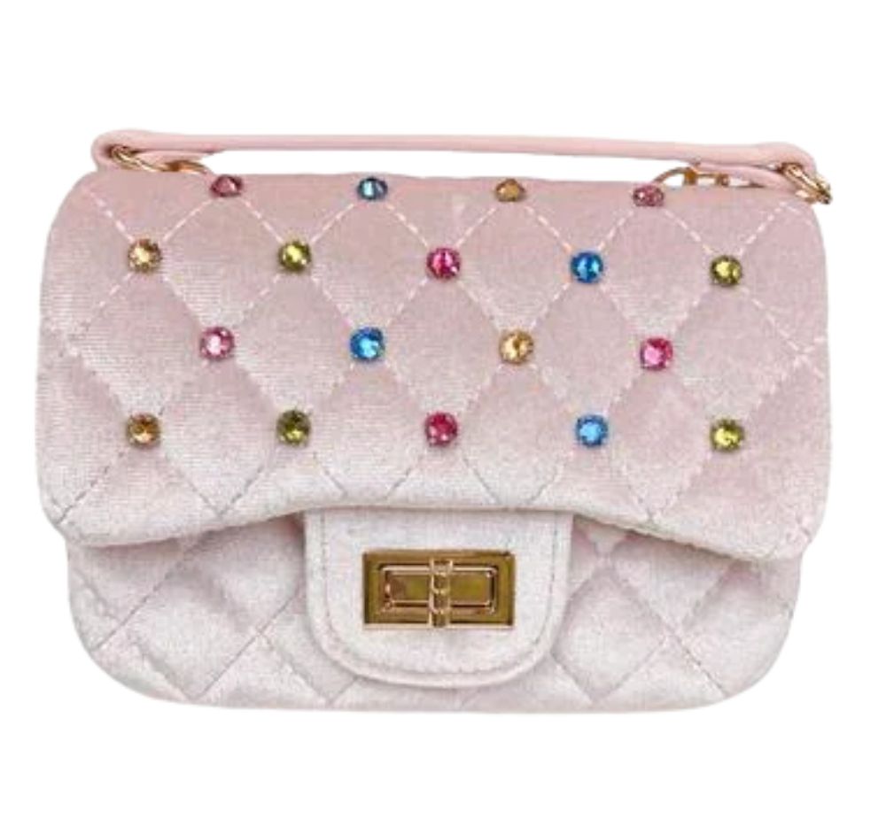Colorful Studs Velvet Quilted Purse Pink