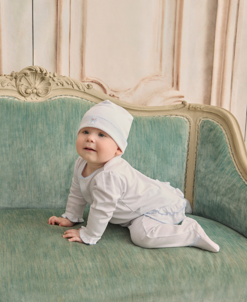 Footie W-Hand Emb Premier Rose Bow Wht-Lt.Blue