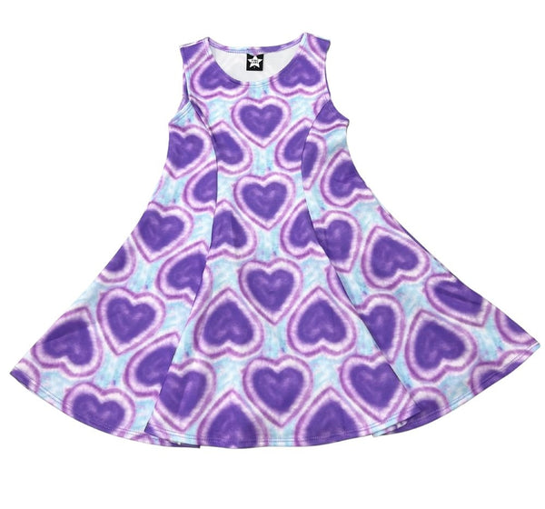 Sleeveless Twirl Dress Purple Aqua Tie Dye Hearts