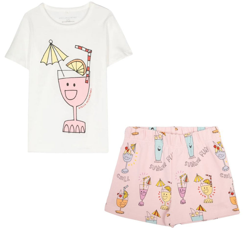Tee With Pink Cocktail Print White & Cocktails Fleece Shorts
