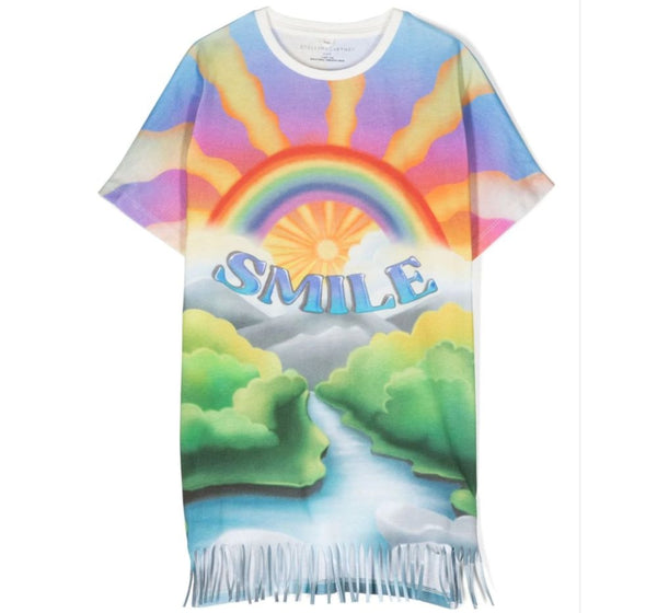 Jersey Dress With Rainbow Smile Print Fringe