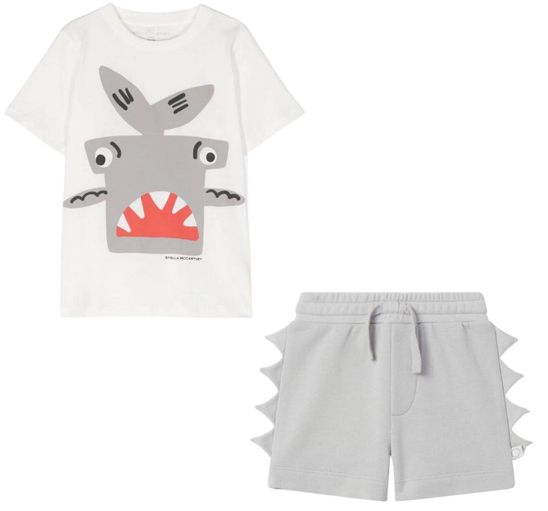 Tee With Hammer Shark Print & Shorts With Spikes
