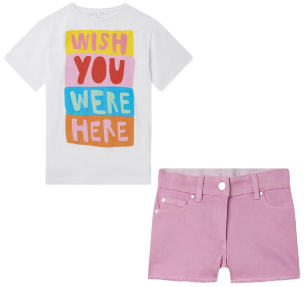 Tee With Wish You Were Here Print y Gabardine Shorts Pink