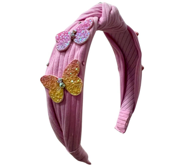 Crystallized Cotton Ribbed Knot Headband With Butterfly Pink