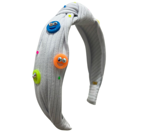 Crystallized Cotton Ribbed Knot Headband With Neon Smiley White