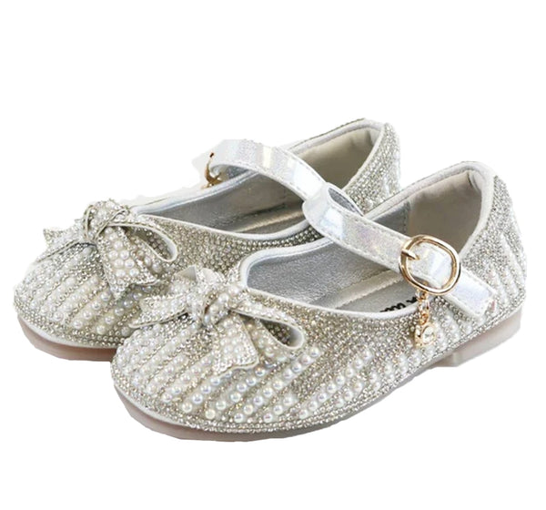 Handcrafted Pearl & Rhinestone Flat Shoes Silver