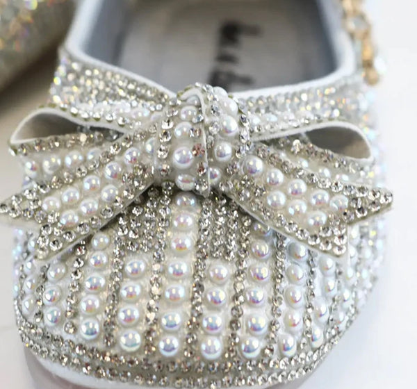 Handcrafted Pearl & Rhinestone Flat Shoes Silver