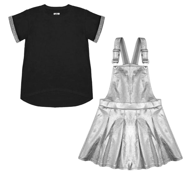 Lux Tee Black & Pleated Overalls Silver