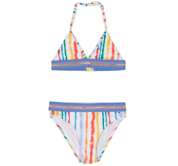 Halterneck Triangle Top Bikini With A Watercolour Stripe Print In Rainbow Colours