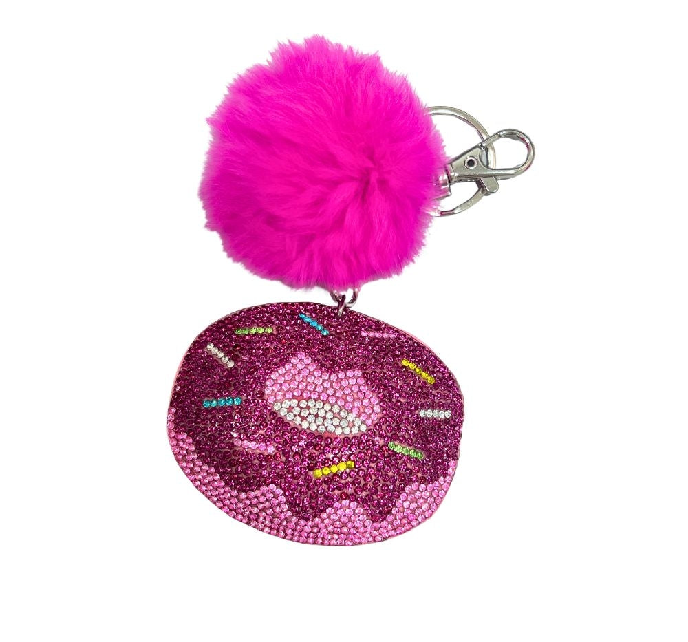 Llavero Dona Pom Pom Crystallized Donut Emoji Pom Fuchsia With Fur keychain