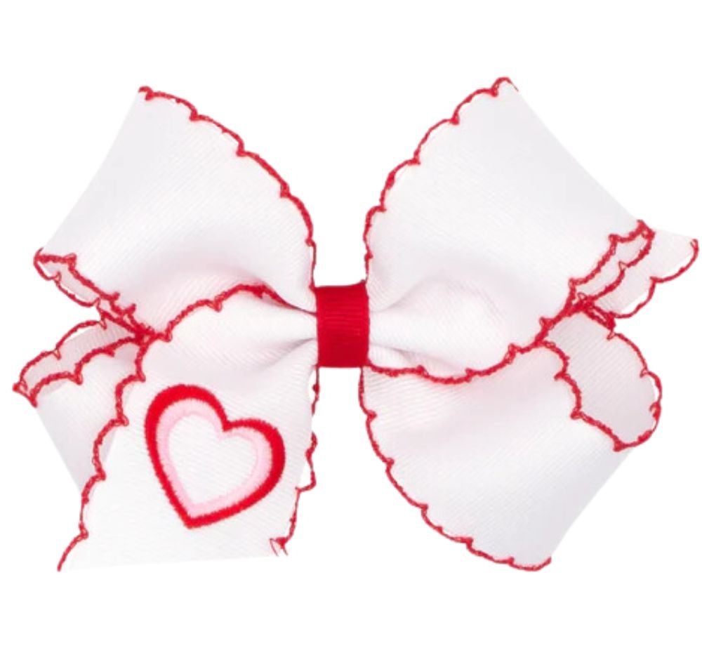 Kng Heart Embrd Gg Hair Bow with Moonstitch Edge White Red