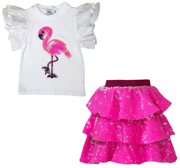 Beaded Flamingo Ruffle T-Shirt & Hot Pink 3Tier Sparkle Skirt
