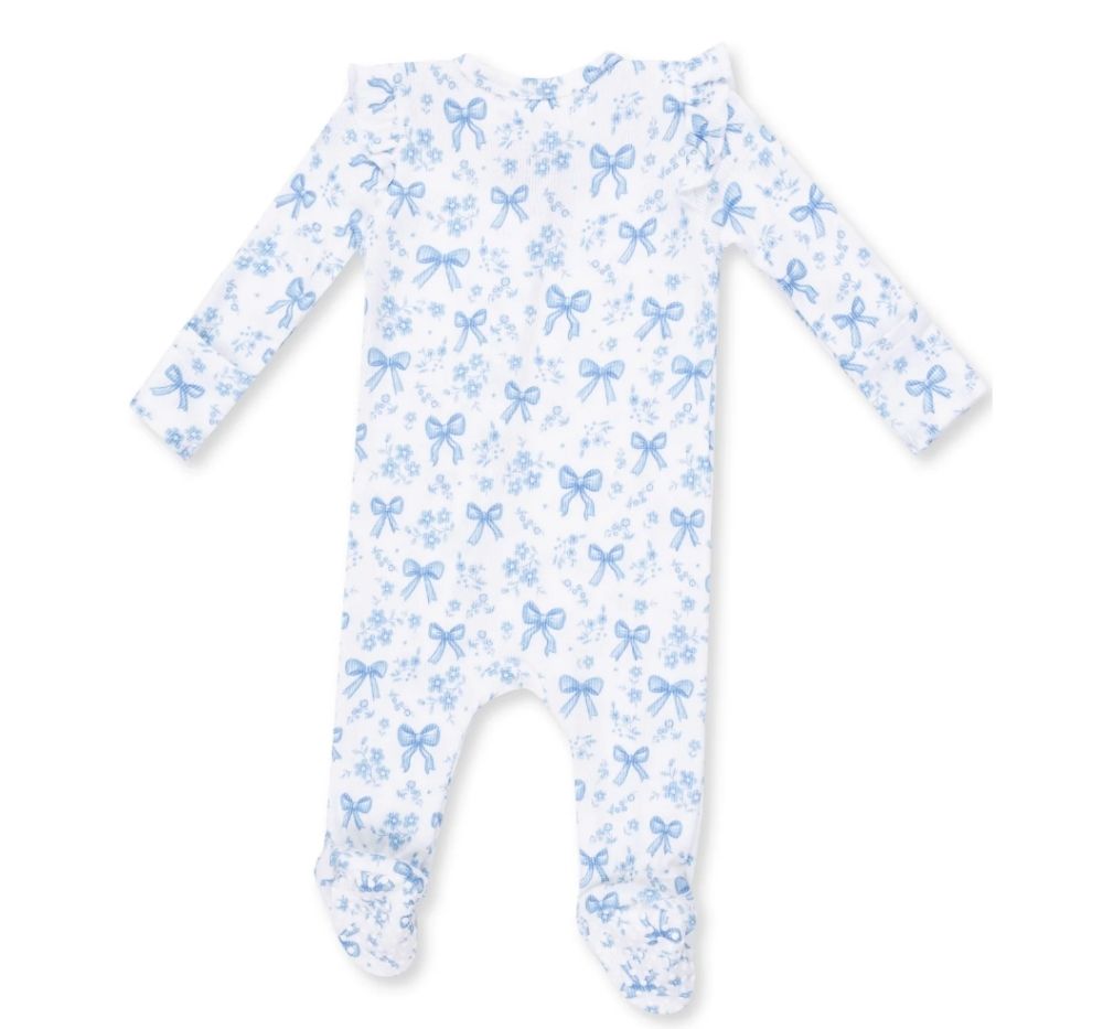 Blue Bows and Flowers 2 Way Ruffle Sleeve Zipper Footie