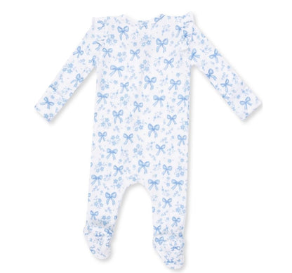 Blue Bows and Flowers 2 Way Ruffle Sleeve Zipper Footie