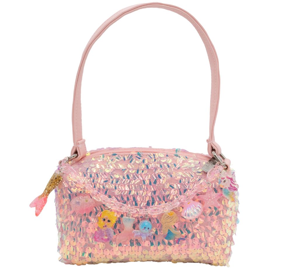 Full Sequin Mermaid Link Bag With Cross Body Strap Pink
