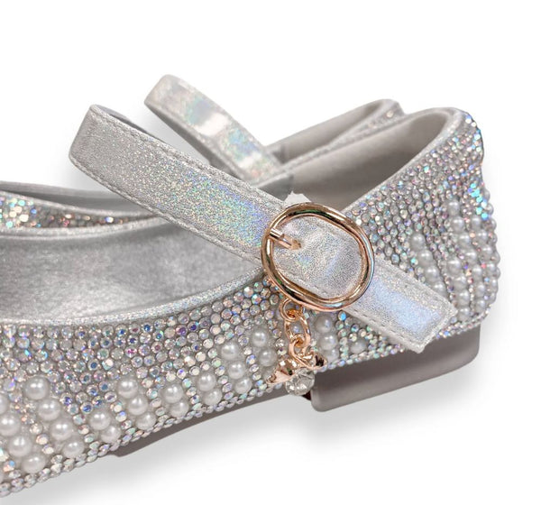 Pearl & Rhinestone Flat Shoes Silver