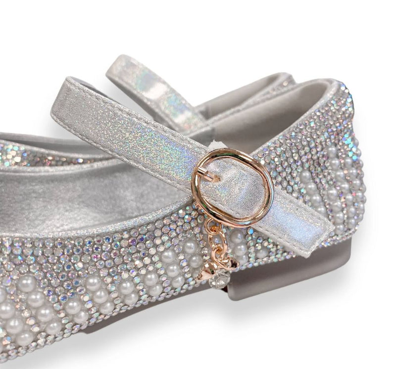 Pearl & Rhinestone Flat Shoes Silver