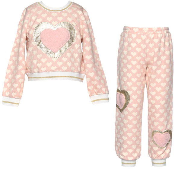 Top W/Faux Leather Fur Heart Trim & Joggers Pink Multi