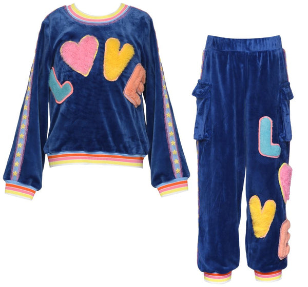 Velour Top W/Faux Fur Love Detail & Jogger W/Side Pockets Blue