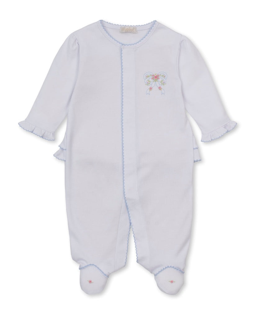 Footie W-Hand Emb Premier Rose Bow Wht-Lt.Blue