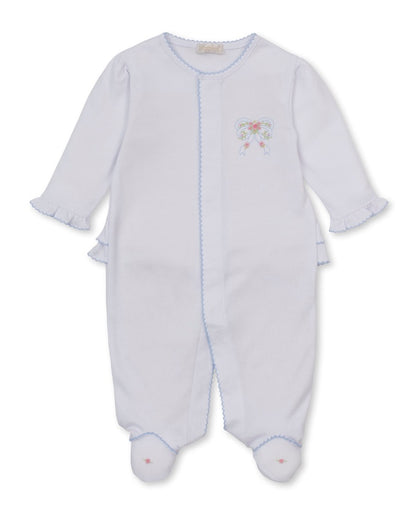 Footie W-Hand Emb Premier Rose Bow Wht-Lt.Blue