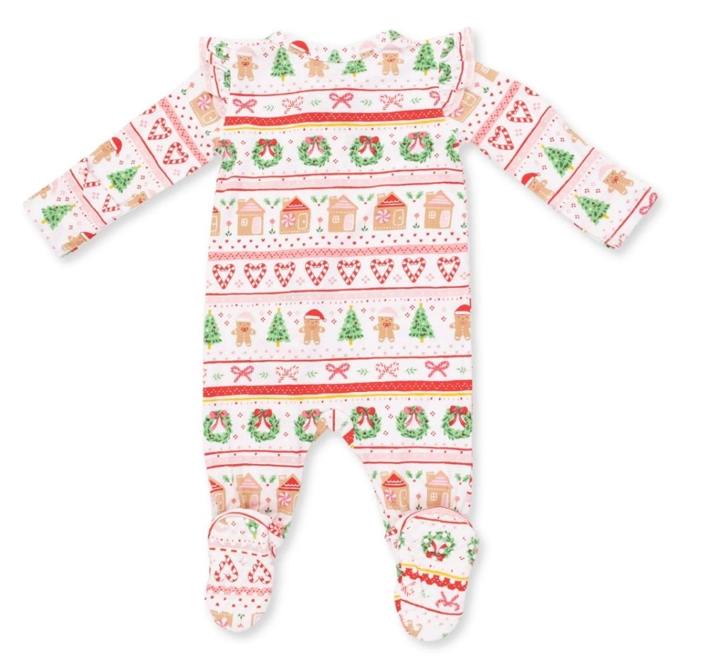 Gingerbread Fair Isle Pink 2 Way Ruffle Sleeve Zipper Footie