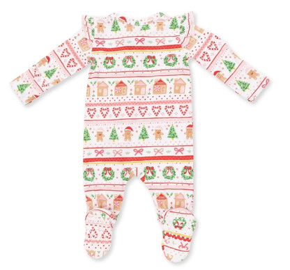 Gingerbread Fair Isle Pink 2 Way Ruffle Sleeve Zipper Footie