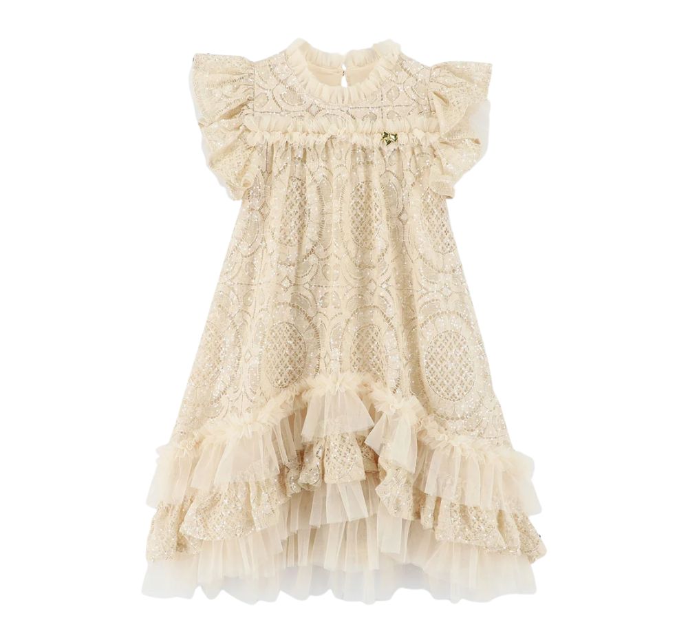 Christina S/s Dipped Hem Sequin Lace Dress Biscuit